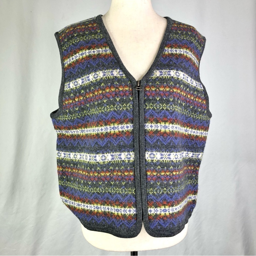 Tally-Ho felted wool fair isle zip front boxy v-neck vest grey M
